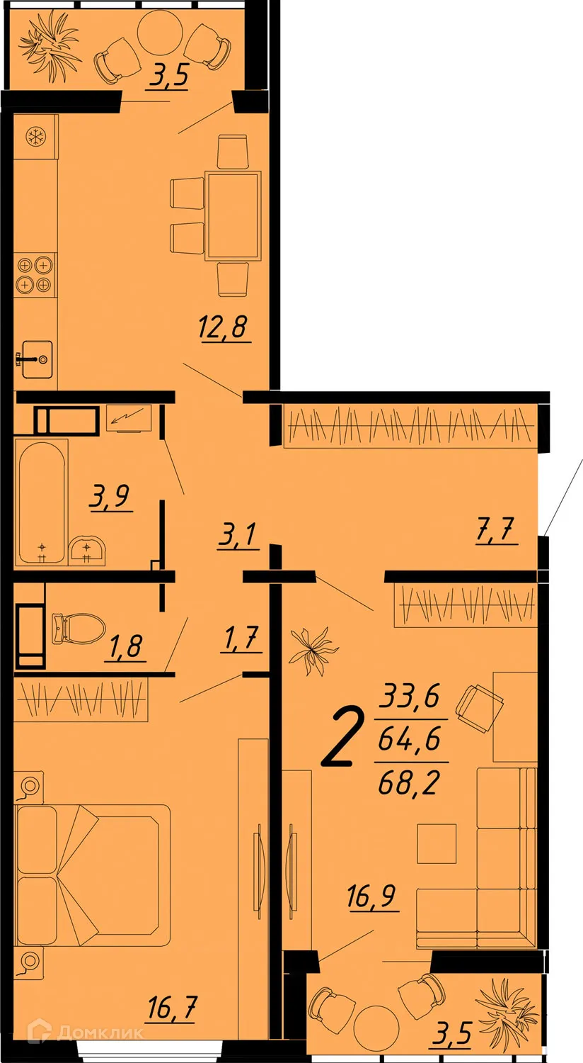 Планировка 2-комнатной квартиры 68.2 м² в ЖК Яблоневые сады, г. Воронеж — фото 1