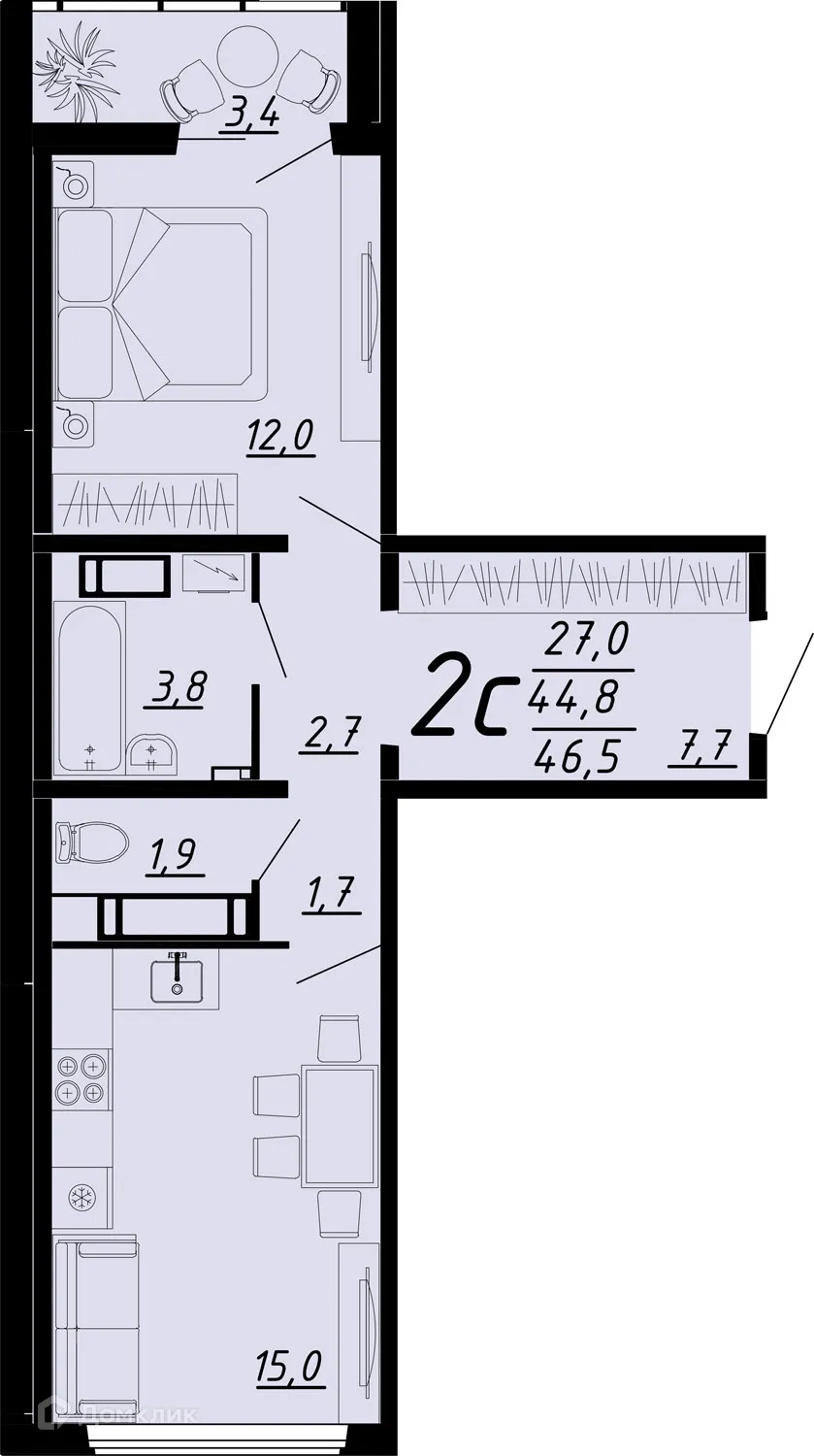 Планировка 2-комнатной квартиры 46.4 м² в ЖК Яблоневые сады, г. Воронеж — фото 1