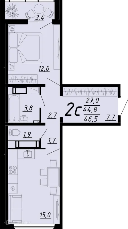 Планировка 2 комн. в ЖК Яблоневые сады