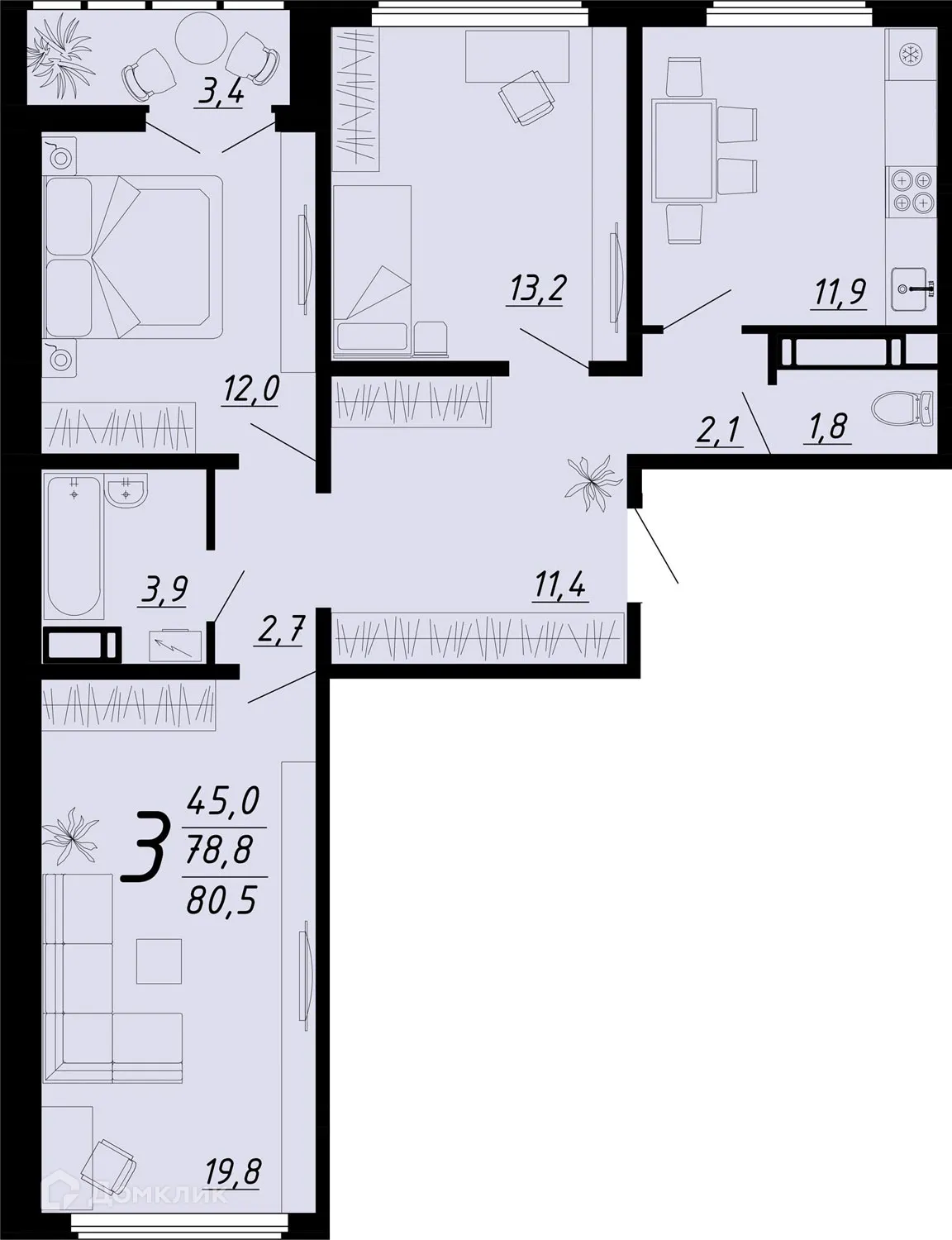 Планировка 3-комнатной квартиры 80.8 м² в ЖК Яблоневые сады, г. Воронеж — фото 2