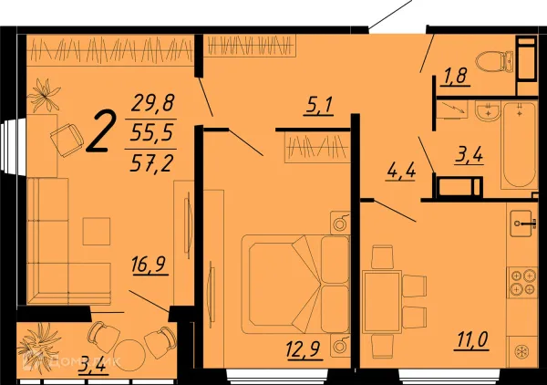 Планировка 2 комн. в ЖК Яблоневые сады