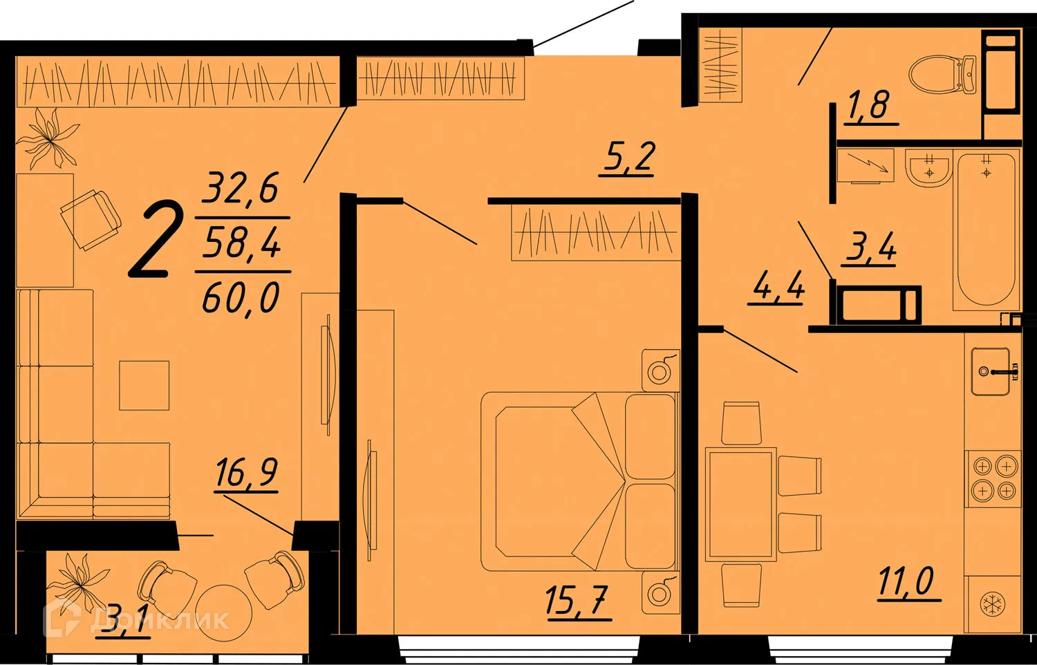 Планировка 2-комнатной квартиры 60 м² в ЖК Яблоневые сады, г. Воронеж — фото 1