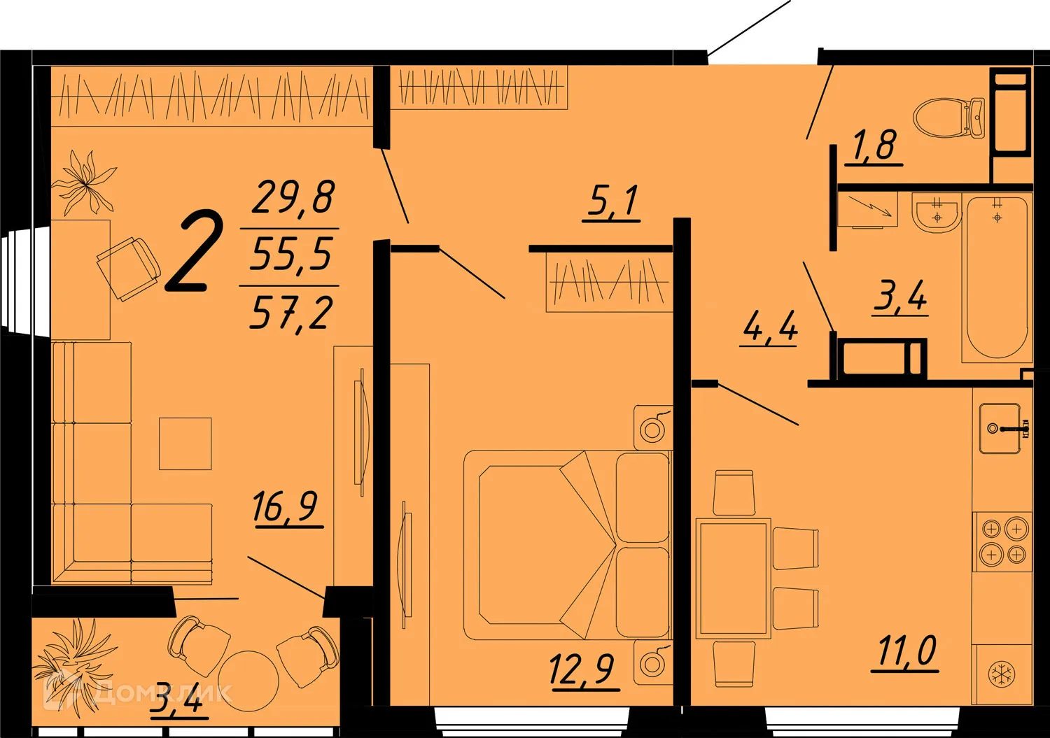 Планировка 2-комнатной квартиры 57.1 м² в ЖК Яблоневые сады, г. Воронеж — фото 2