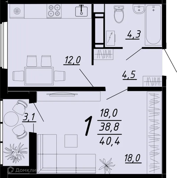 Планировка 1 комн. в ЖК Яблоневые сады
