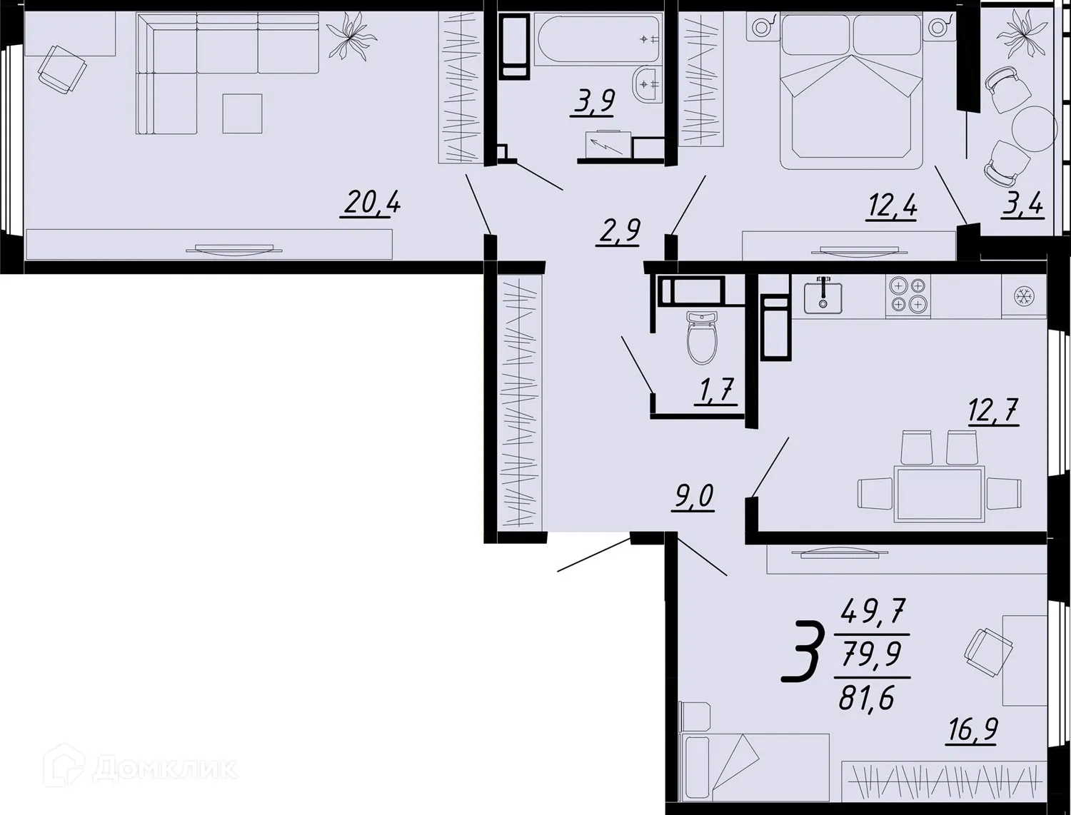 Планировка 3-комнатной квартиры 81.6 м² в ЖК Яблоневые сады, г. Воронеж — фото 2