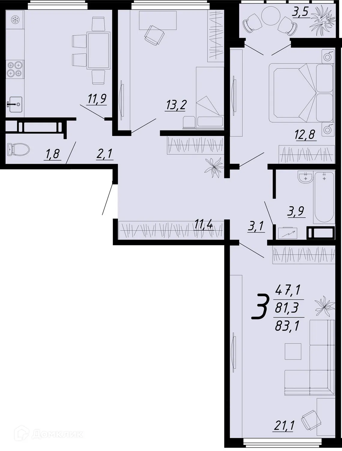 Планировка 3-комнатной квартиры 83.1 м² в ЖК Яблоневые сады, г. Воронеж — фото 1
