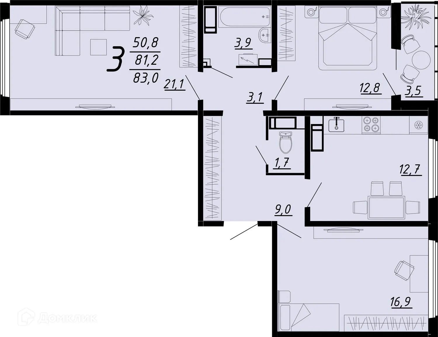 Планировка 3-комнатной квартиры 83 м² в ЖК Яблоневые сады, г. Воронеж — фото 1