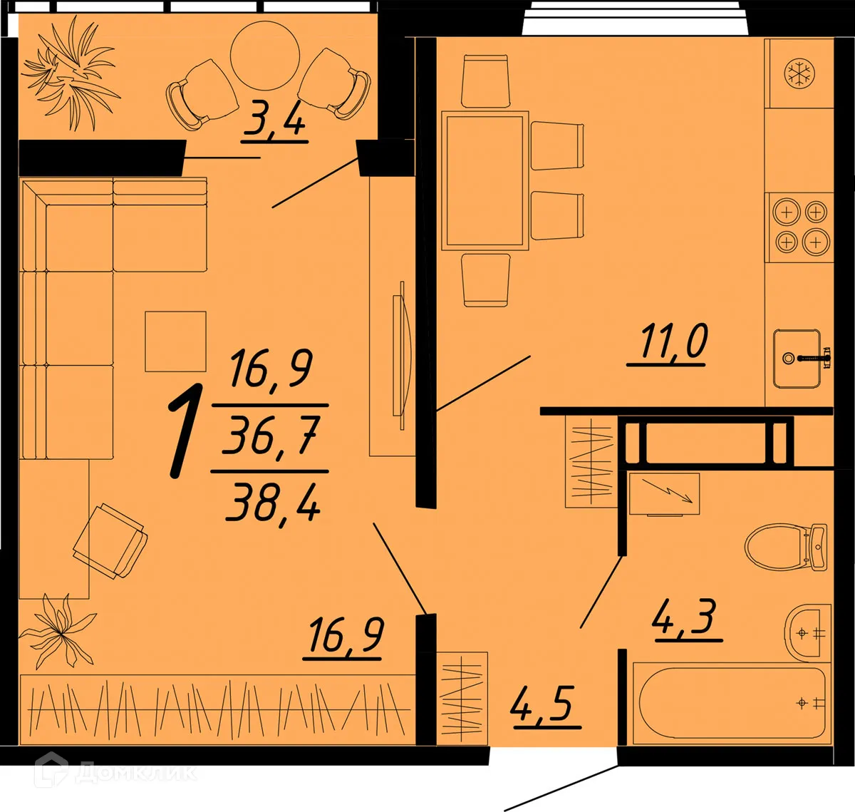 Планировка 1-комнатной квартиры 38.4 м² в ЖК Яблоневые сады, г. Воронеж — фото 1