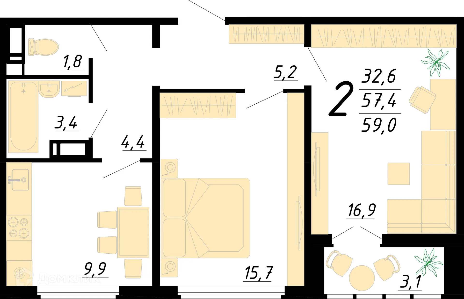 Планировка 2-комнатной квартиры 58.6 м² в ЖК Яблоневые сады, г. Воронеж — фото 1