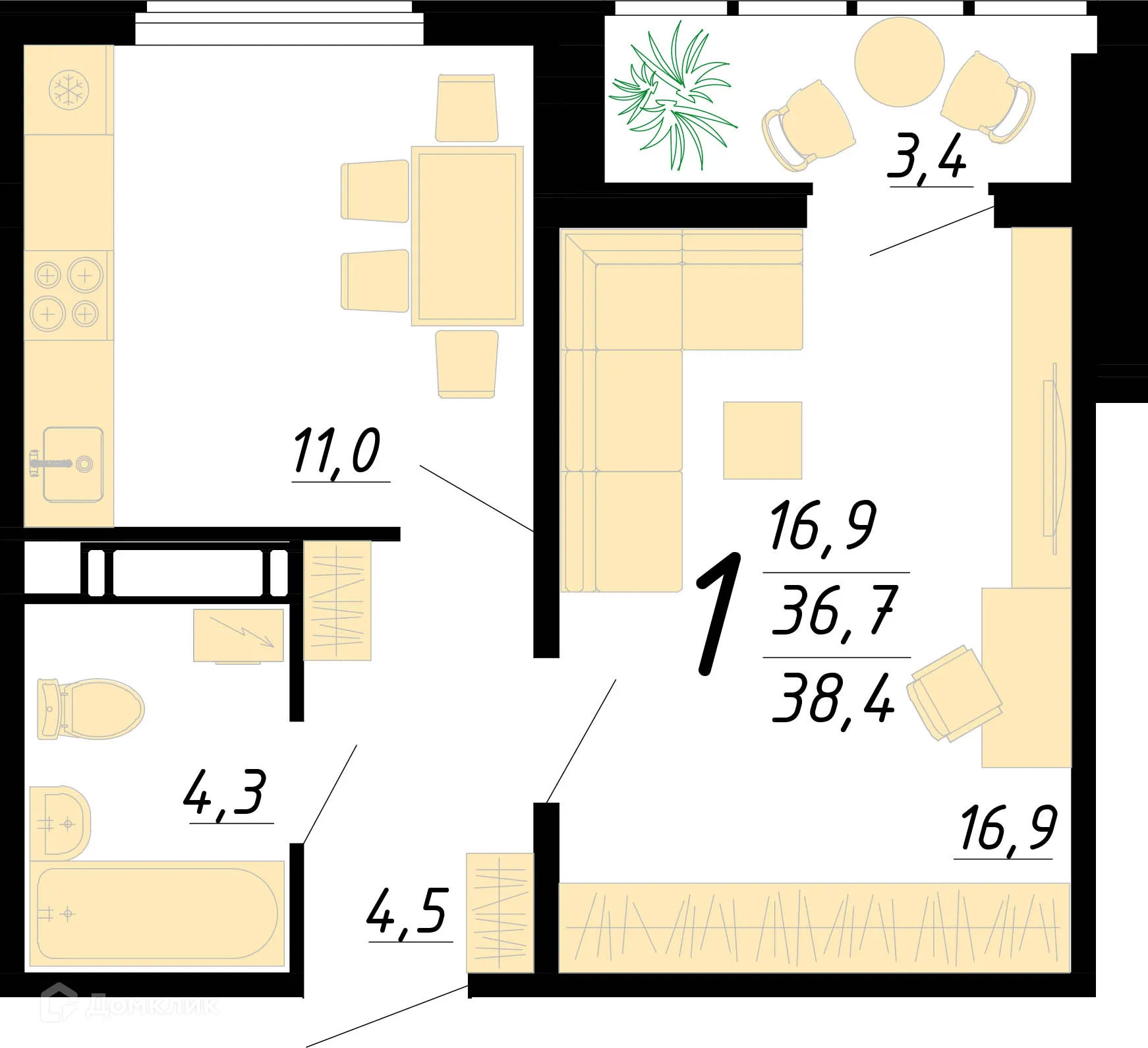 Планировка 1-комнатной квартиры 47 м² в ЖК Яблоневые сады, г. Воронеж — фото 1