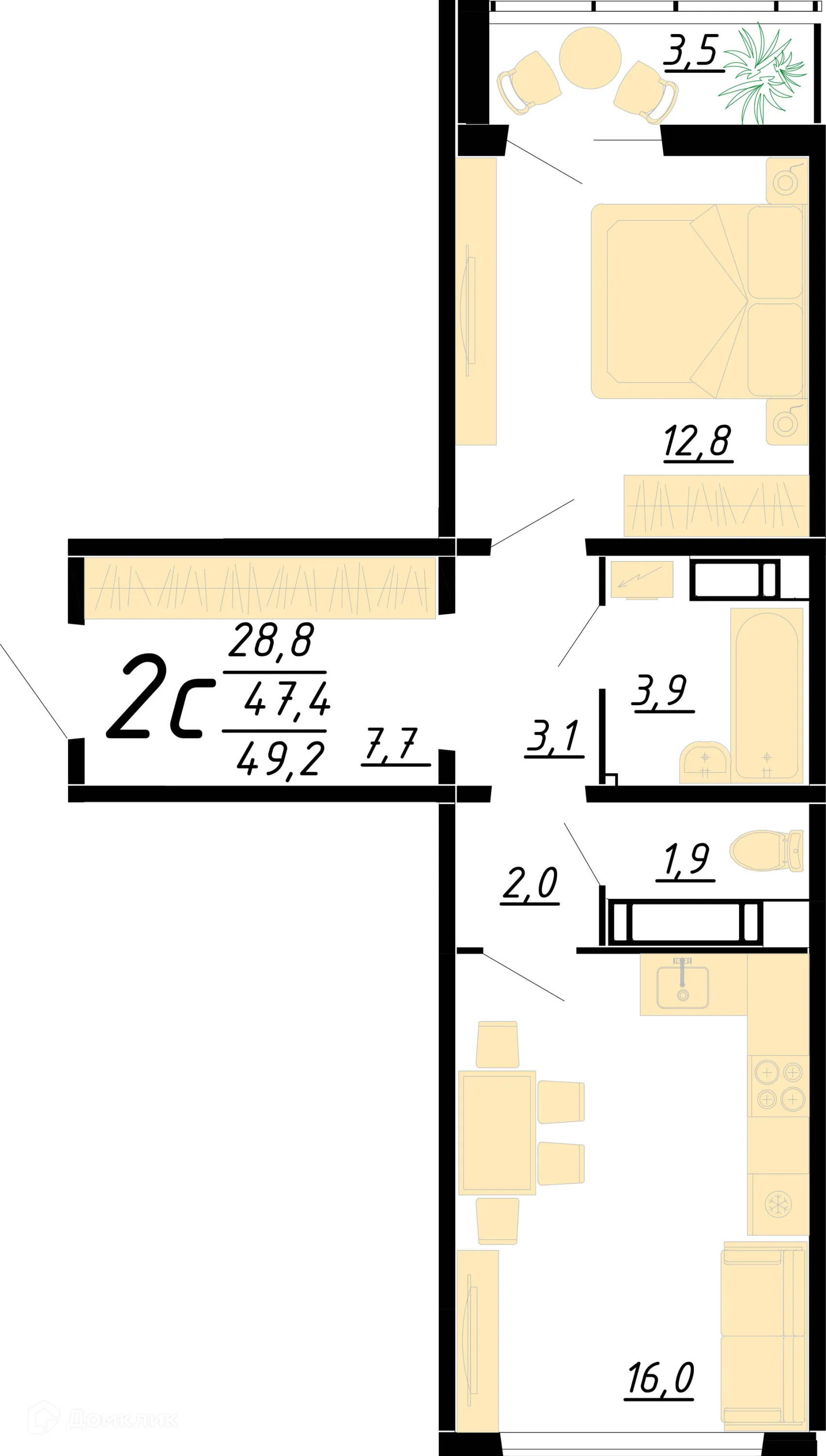 Планировка 2-комнатной квартиры 49 м² в ЖК Яблоневые сады, г. Воронеж — фото 1