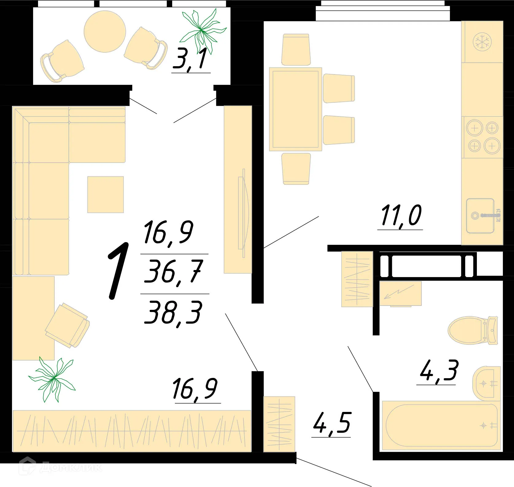 Планировка 1-комнатной квартиры 38.3 м² в ЖК Яблоневые сады, г. Воронеж — фото 1