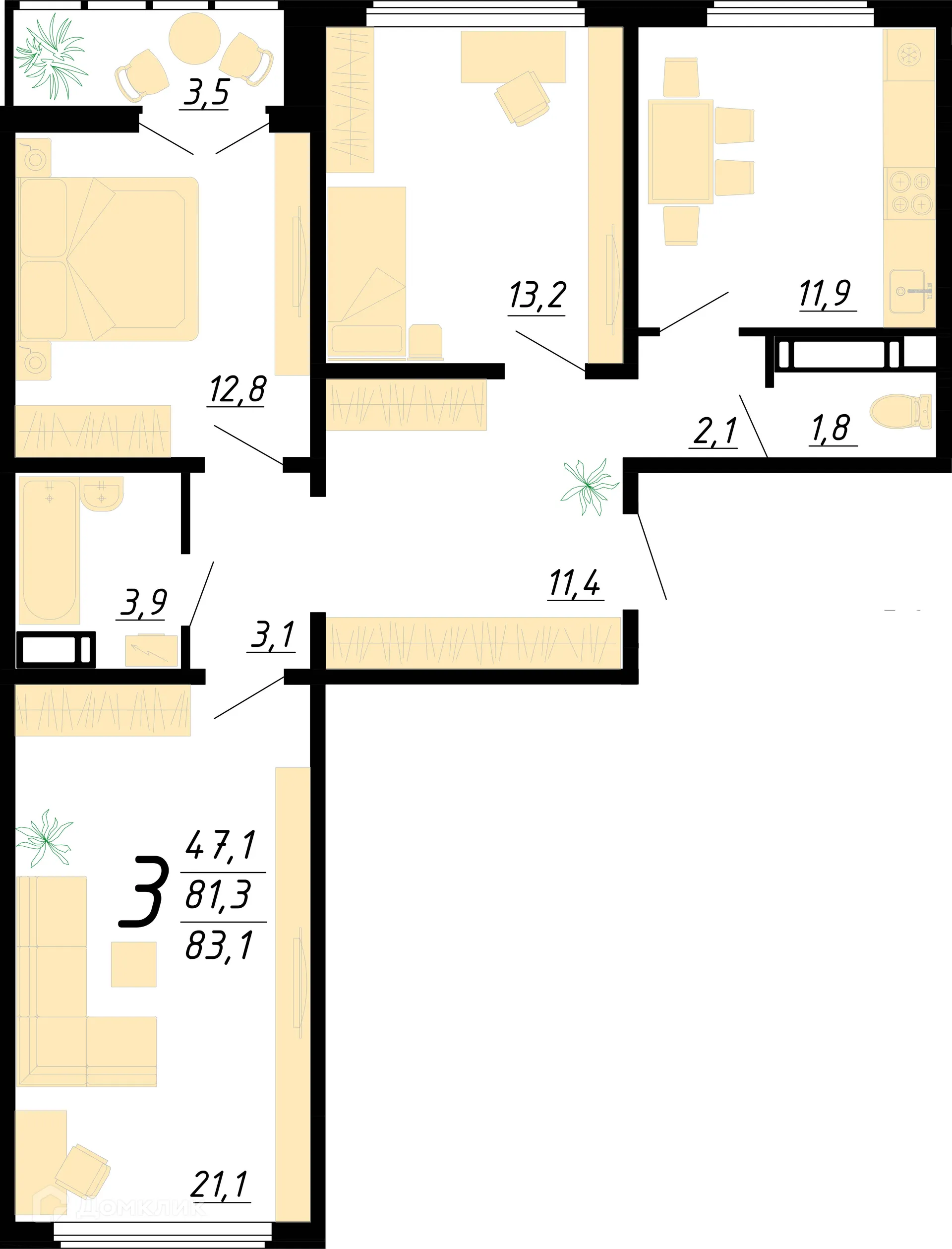 Планировка 3-комнатной квартиры 83 м² в ЖК Яблоневые сады, г. Воронеж — фото 1