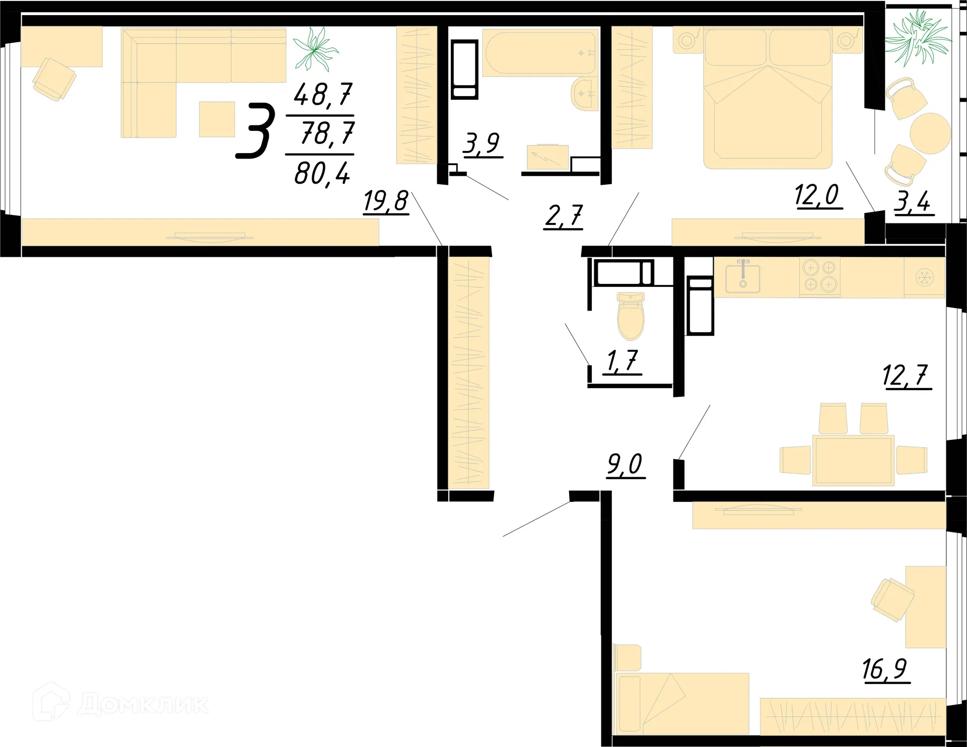 Планировка 3-комнатной квартиры 80.2 м² в ЖК Яблоневые сады, г. Воронеж — фото 1