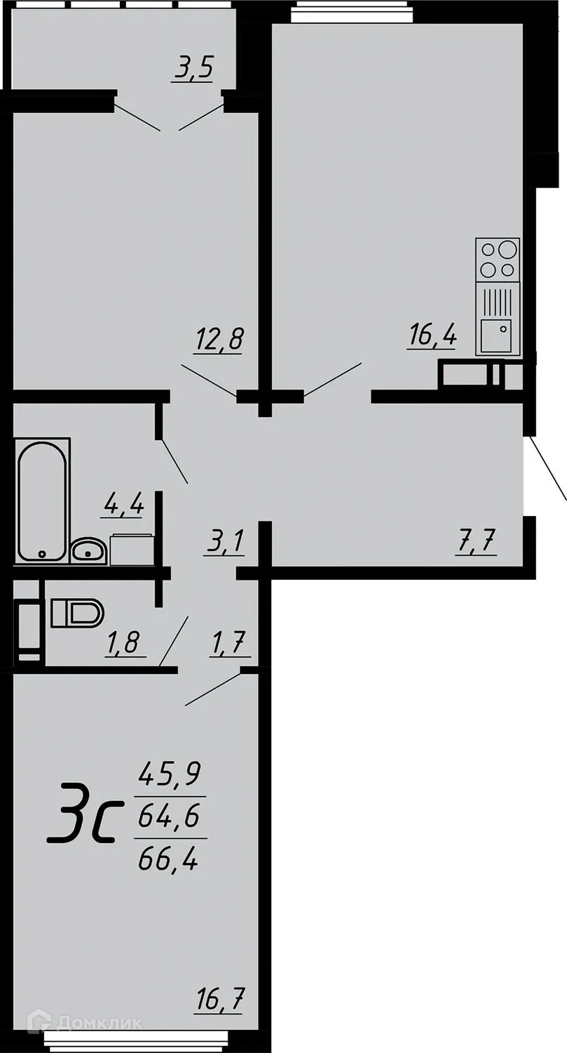 Планировка 3-комнатной квартиры 65.9 м² в ЖК Яблоневые сады, г. Воронеж — фото 1