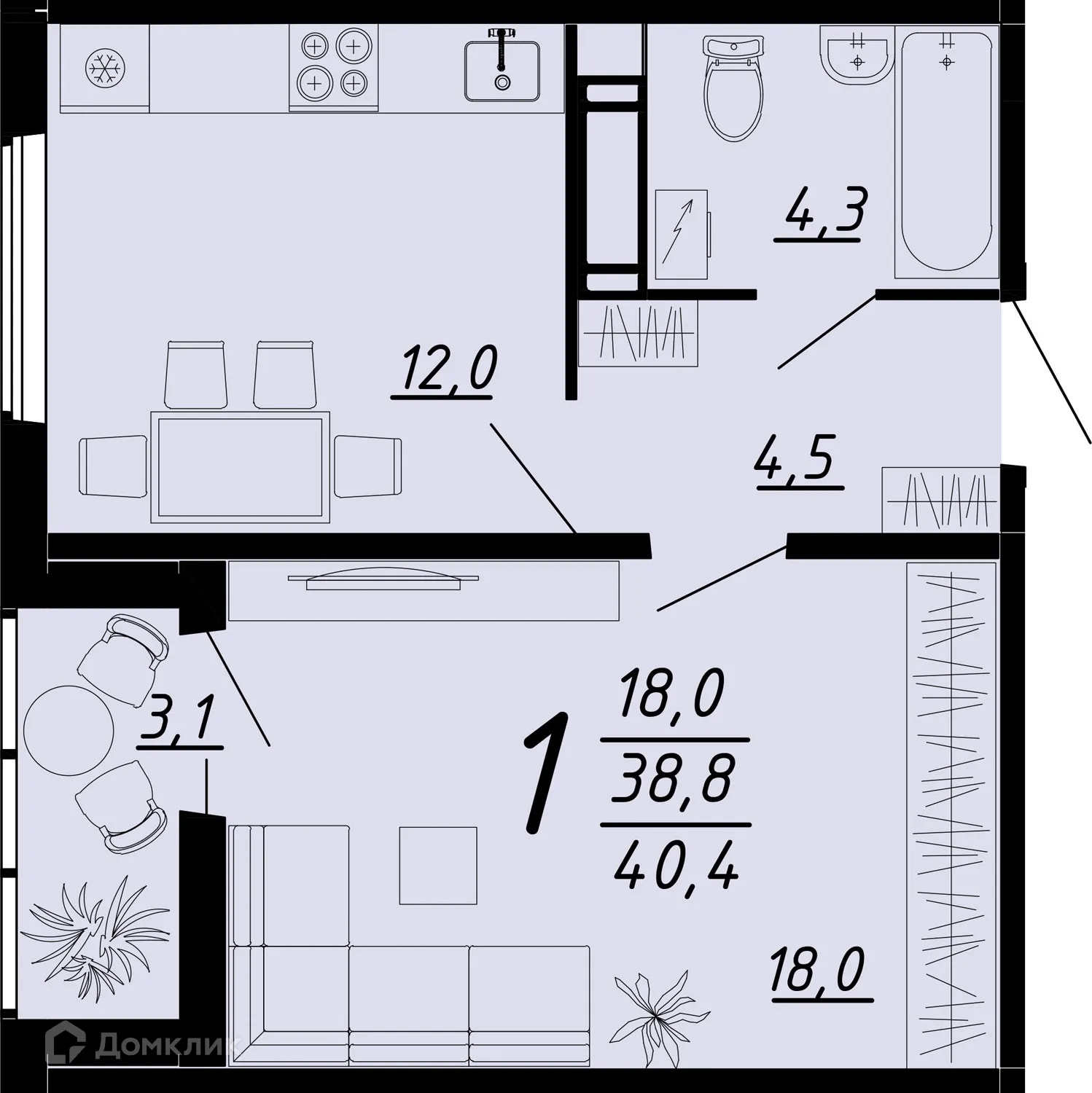Планировка 1-комнатной квартиры 40.2 м² в ЖК Яблоневые сады, г. Воронеж — фото 1