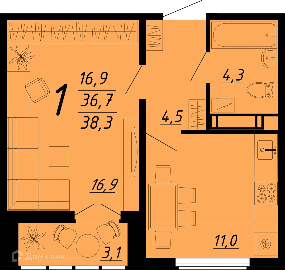 Планировка 1-комнатной квартиры 38.1 м² в ЖК Яблоневые сады, г. Воронеж — фото 1