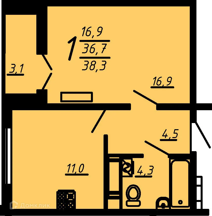 Планировка 1-комнатной квартиры 38.3 м² в ЖК Яблоневые сады, г. Воронеж — фото 1