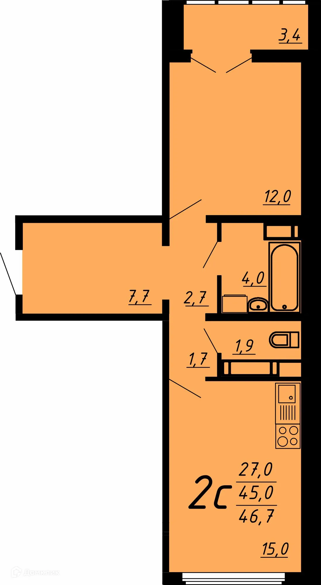 Планировка 2-комнатной квартиры 46.3 м² в ЖК Яблоневые сады, г. Воронеж — фото 1
