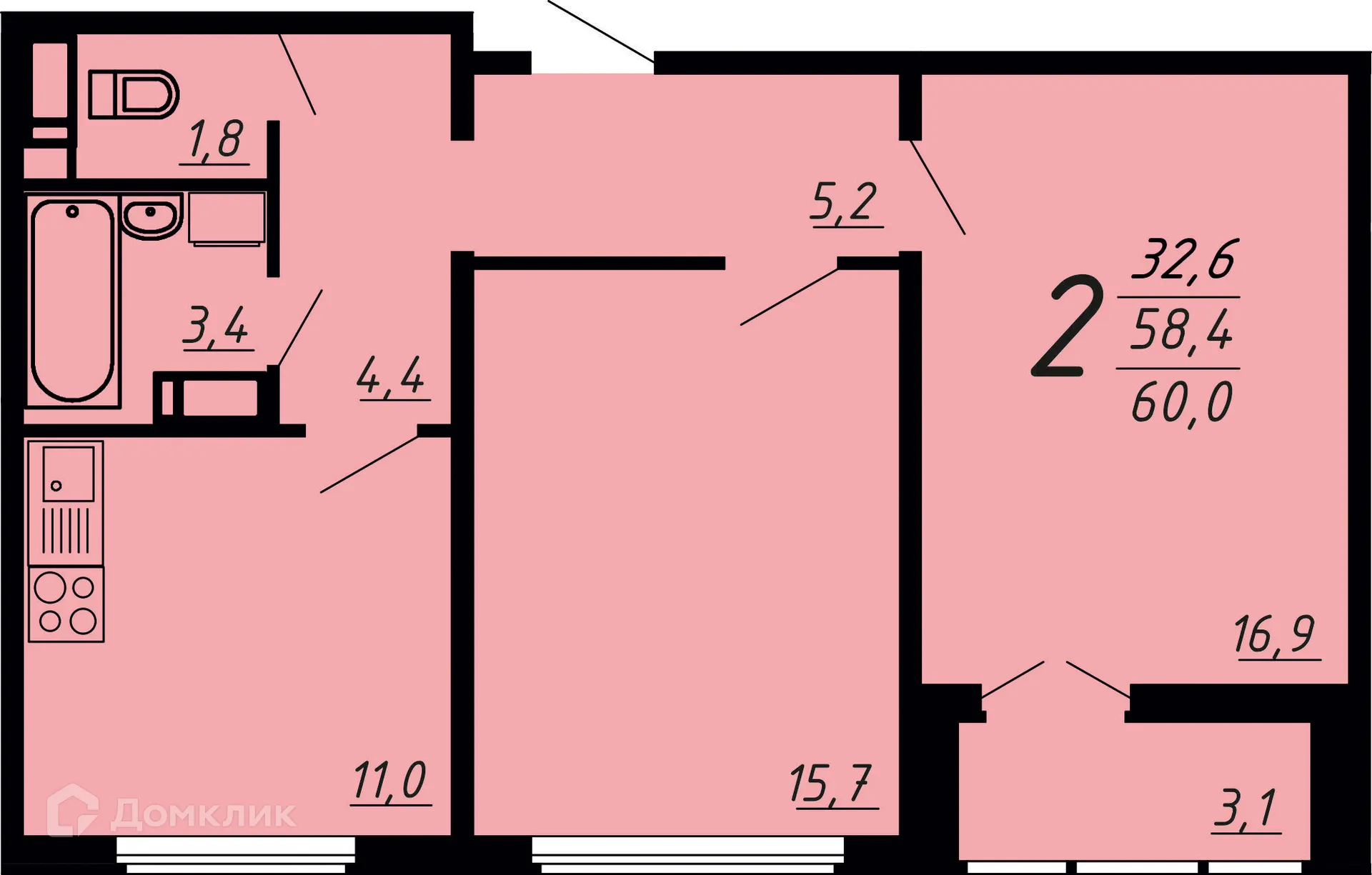 Планировка 2-комнатной квартиры 59.8 м² в ЖК Яблоневые сады, г. Воронеж — фото 1