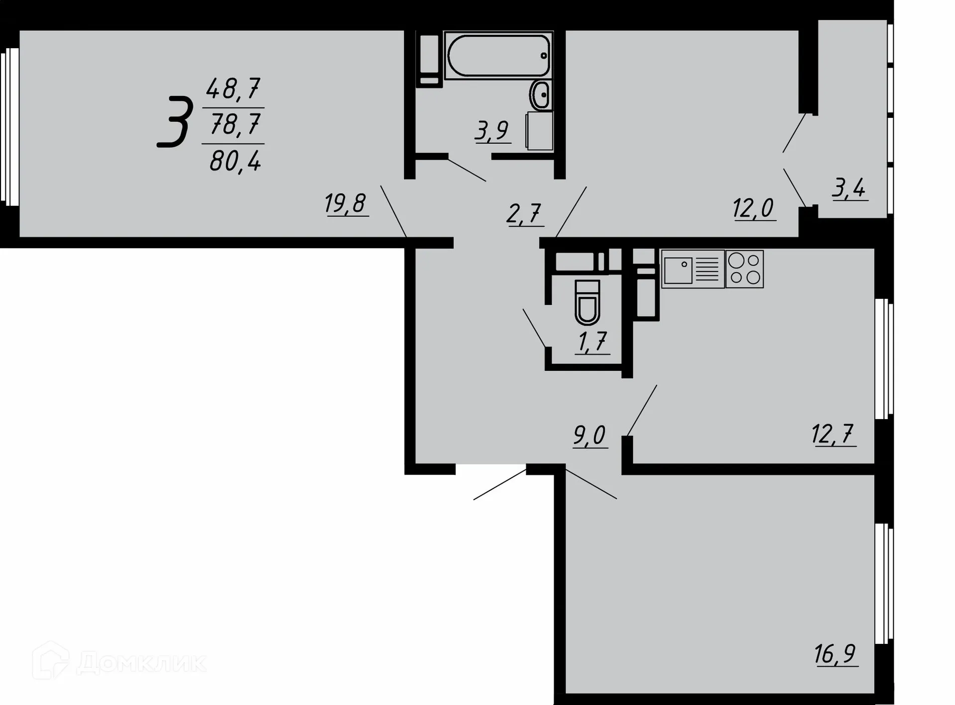 Планировка 3-комнатной квартиры 80.1 м² в ЖК Яблоневые сады, г. Воронеж — фото 1