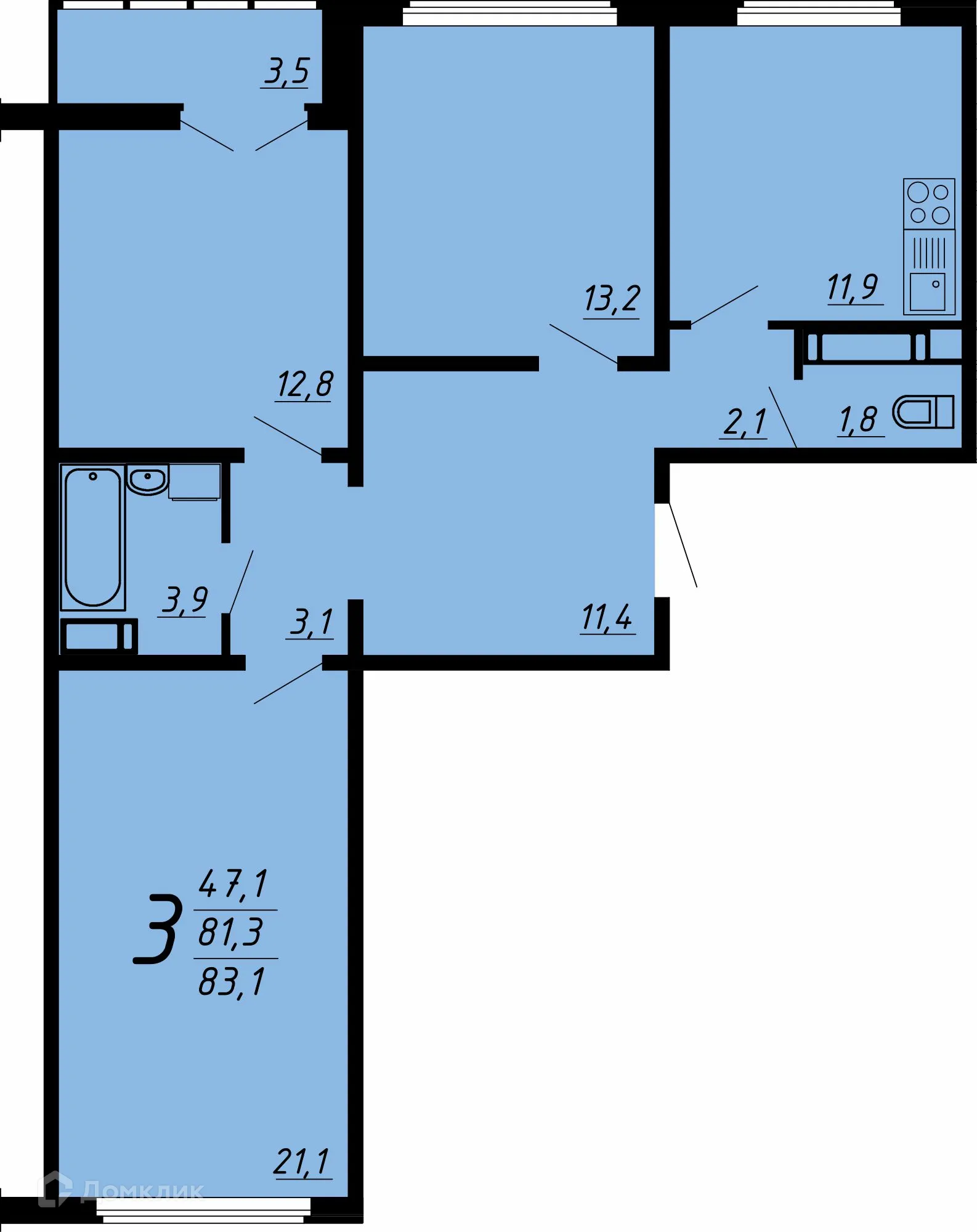 Планировка 3-комнатной квартиры 82.6 м² в ЖК Яблоневые сады, г. Воронеж — фото 1