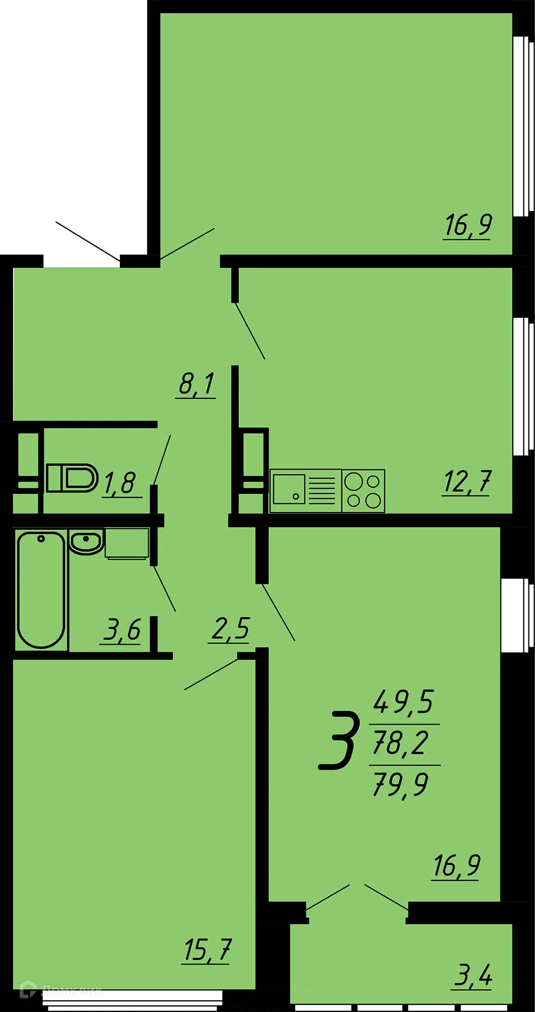 Планировка 3-комнатной квартиры 79.4 м² в ЖК Яблоневые сады, г. Воронеж — фото 1