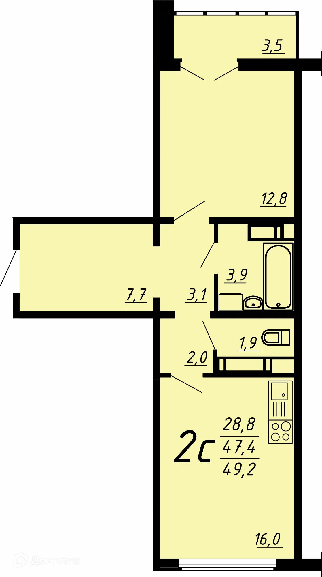 Планировка 2-комнатной квартиры 48.6 м² в ЖК Яблоневые сады, г. Воронеж — фото 1