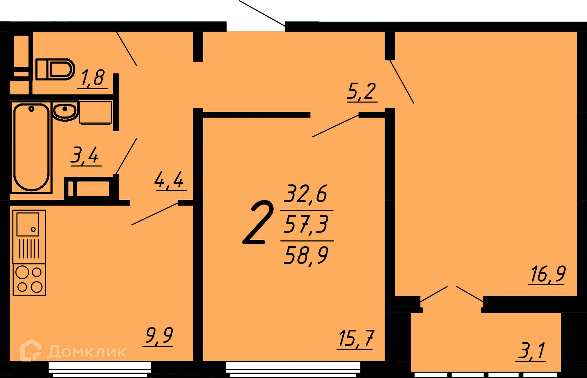 Планировка 2-комнатной квартиры 58.4 м² в ЖК Яблоневые сады, г. Воронеж — фото 1