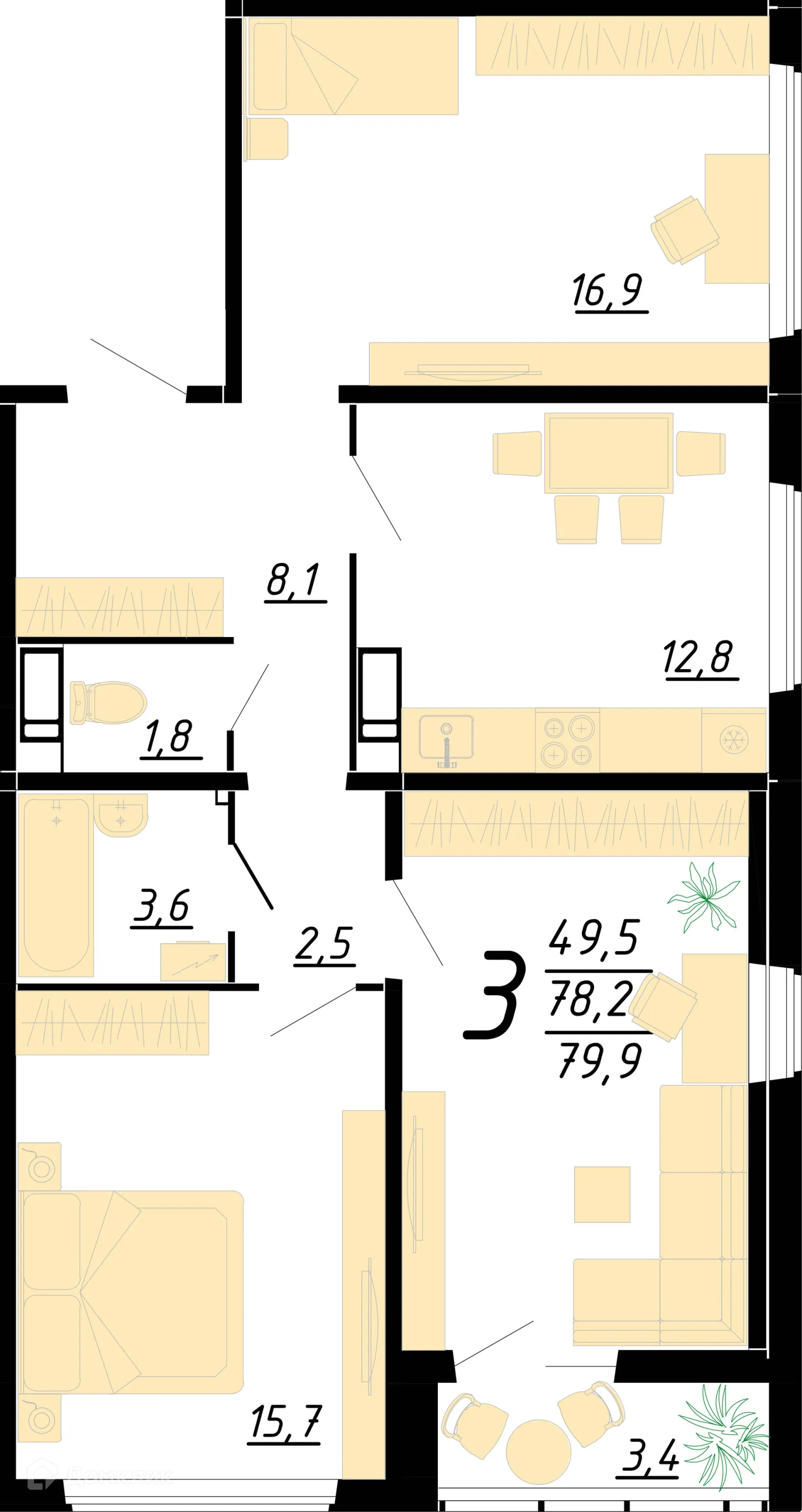 Планировка 3-комнатной квартиры 79.3 м² в ЖК Яблоневые сады, г. Воронеж — фото 1