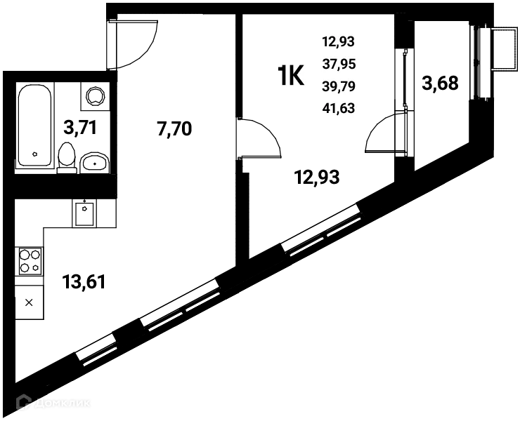 Планировка 1-комнатной квартиры 39.79 м² в ЖК Z-town (Зет-таун), г. Воронеж — фото 1