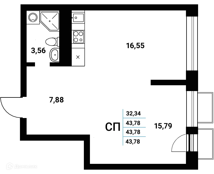 Планировка студии квартиры 43.78 м² в ЖК Z-town (Зет-таун), г. Воронеж — фото 1