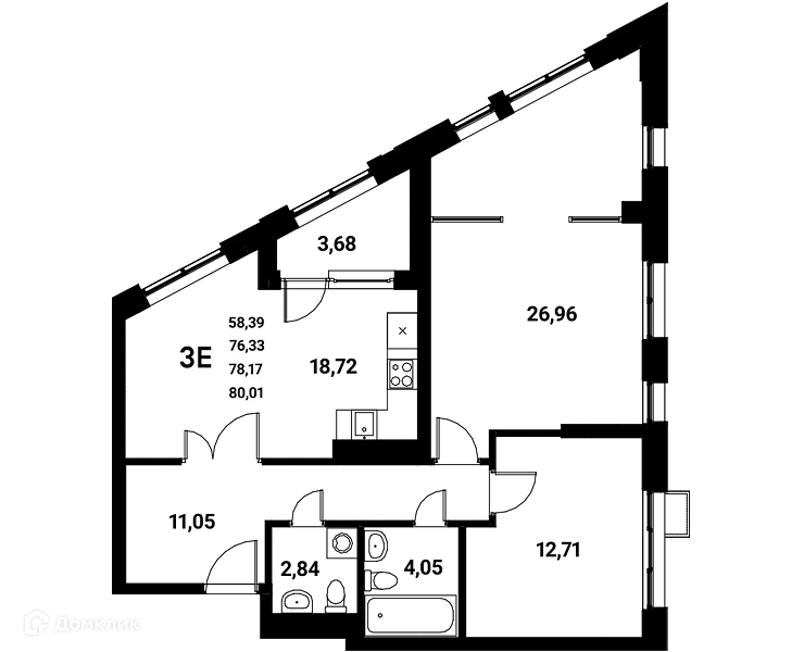 Планировка 3-комнатной квартиры 78.17 м² в ЖК Z-town (Зет-таун), г. Воронеж — фото 2