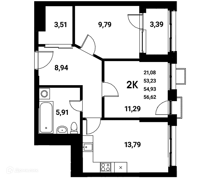 Планировка 2-комнатной квартиры 54.93 м² в ЖК Z-town (Зет-таун), г. Воронеж — фото 2