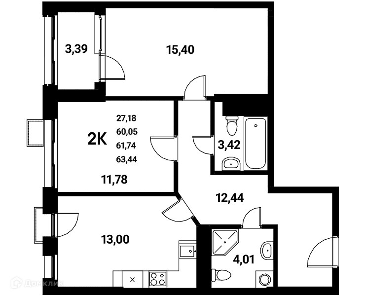 Планировка 2-комнатной квартиры 61.75 м² в ЖК Z-town (Зет-таун), г. Воронеж — фото 2