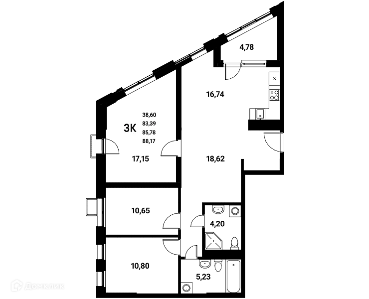 Планировка 3-комнатной квартиры 85.78 м² в ЖК Z-town (Зет-таун), г. Воронеж — фото 2