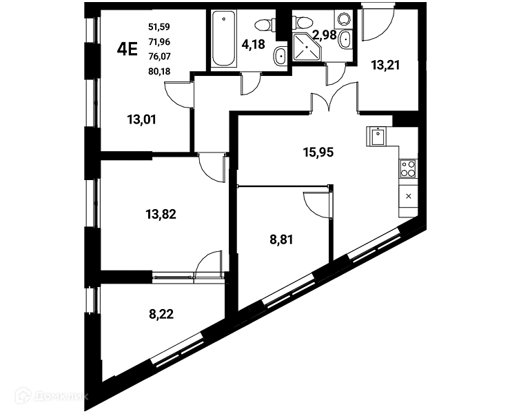 Планировка 4-комнатной квартиры 76.07 м² в ЖК Z-town (Зет-таун), г. Воронеж — фото 2