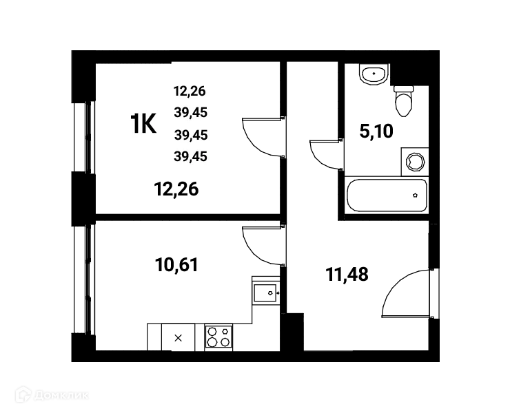 Планировка 1-комнатной квартиры 39.45 м² в ЖК Z-town (Зет-таун), г. Воронеж — фото 2