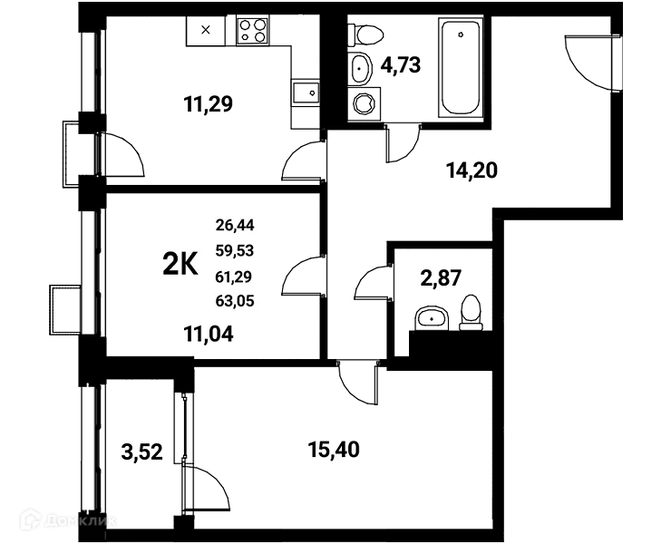 Планировка 2-комнатной квартиры 61.29 м² в ЖК Z-town (Зет-таун), г. Воронеж — фото 2