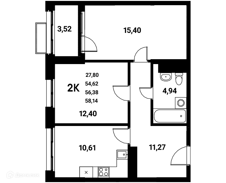 Планировка 2-комнатной квартиры 56.38 м² в ЖК Z-town (Зет-таун), г. Воронеж — фото 2