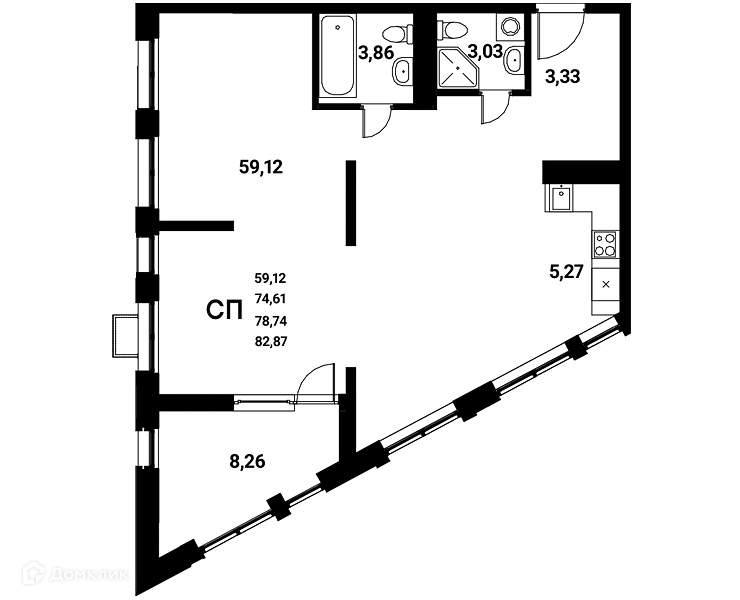 Планировка студии квартиры 78.74 м² в ЖК Z-town (Зет-таун), г. Воронеж — фото 2