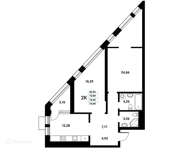 Планировка 2-комнатной квартиры 74.42 м² в ЖК Z-town (Зет-таун), г. Воронеж — фото 2