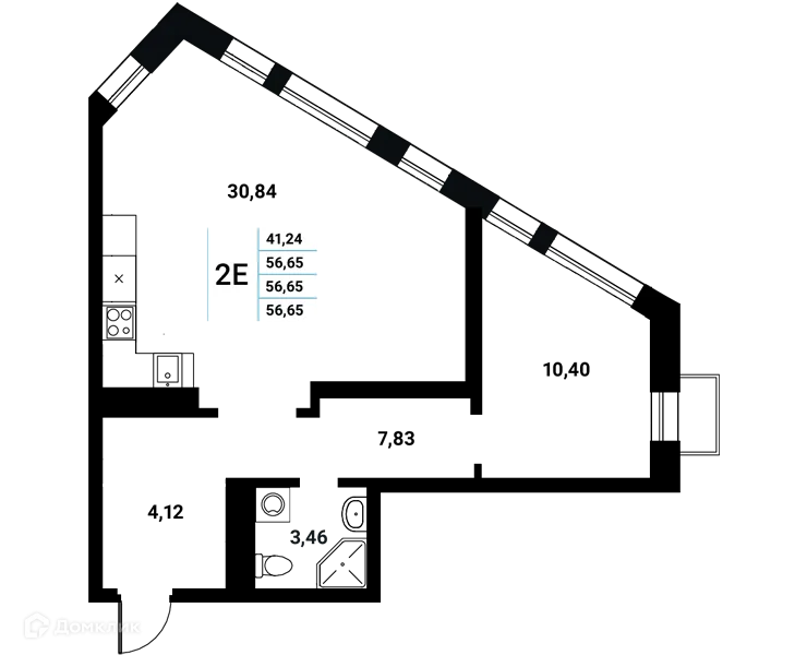 Планировка 2-комнатной квартиры 56.65 м² в ЖК Z-town (Зет-таун), г. Воронеж — фото 2