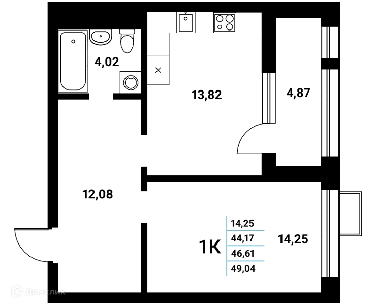Планировка 1-комнатной квартиры 46.61 м² в ЖК Z-town (Зет-таун), г. Воронеж — фото 2