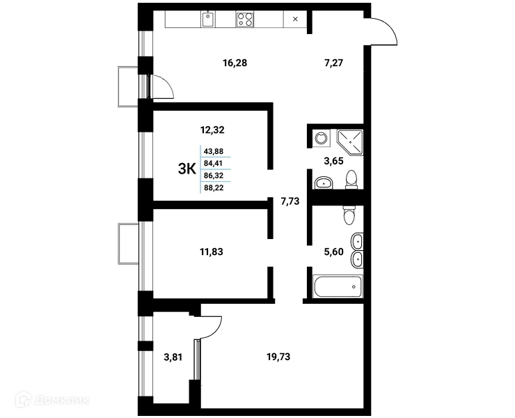 Планировка 3-комнатной квартиры 86.32 м² в ЖК Z-town (Зет-таун), г. Воронеж — фото 1