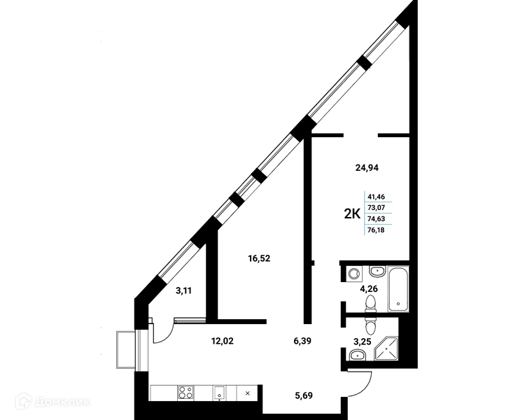 Планировка 2-комнатной квартиры 74.63 м² в ЖК Z-town (Зет-таун), г. Воронеж — фото 1