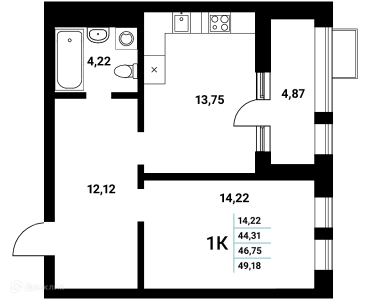 Планировка 1-комнатной квартиры 46.75 м² в ЖК Z-town (Зет-таун), г. Воронеж — фото 1