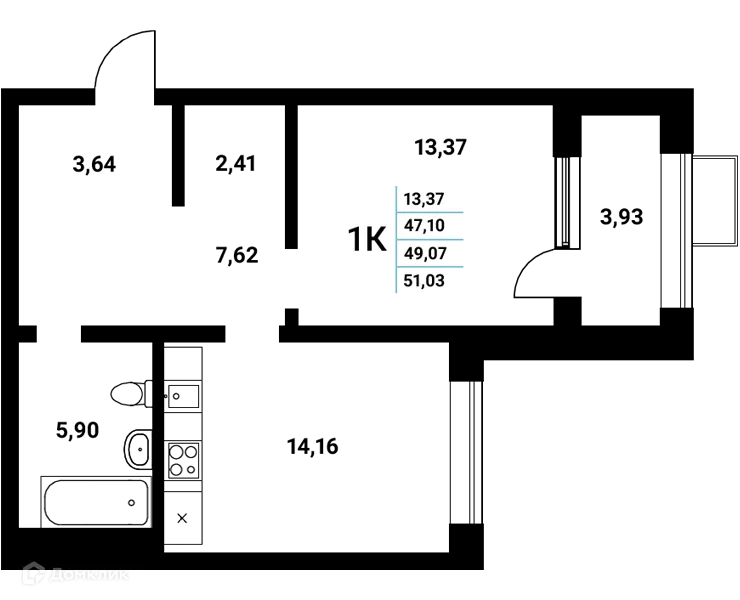 Планировка 1-комнатной квартиры 49.07 м² в ЖК Z-town (Зет-таун), г. Воронеж — фото 1