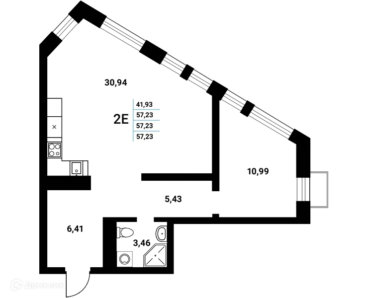 Планировка 2-комнатной квартиры 57.23 м² в ЖК Z-town (Зет-таун), г. Воронеж — фото 2