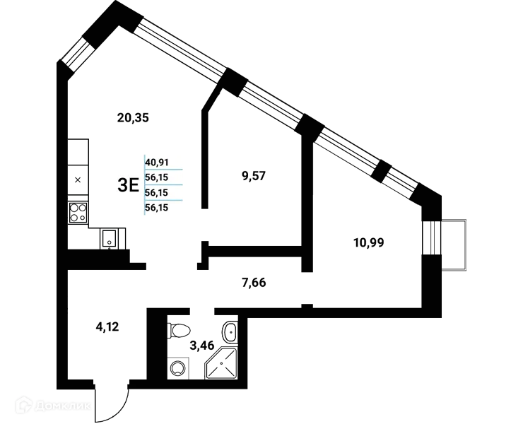 Планировка 3-комнатной квартиры 56.15 м² в ЖК Z-town (Зет-таун), г. Воронеж — фото 2